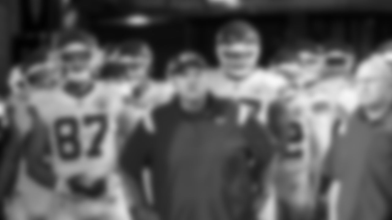 Kansas City Chiefs Head Coach Andy Reid with the team prior to an NFL football game against the Las Vegas Raiders, Sunday, November 14, 2021 in Las Vegas.