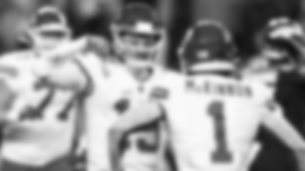 Kansas City Chiefs quarterback Patrick Mahomes (15) celebrates the two-point conversion during an NFL football game against the Denver Broncos on Saturday, January 8, 2021 in Denver.