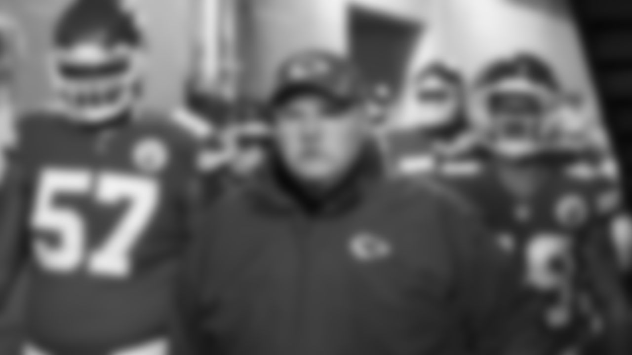 Kansas City Chiefs Head Coach Andy Reid leads the team out of the locker room for introductions prior to the AFC Championship football game against the Cincinnati Bengals, Sunday, January 30, 2022.