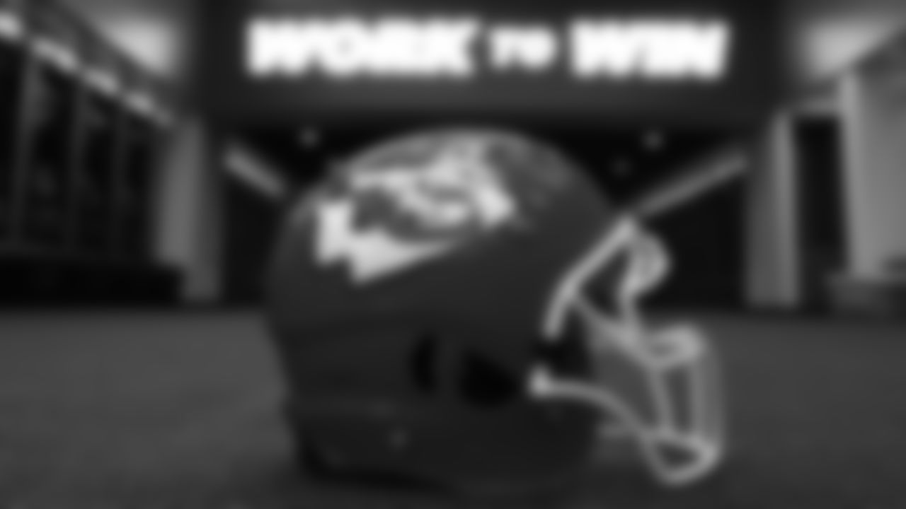 A Kansas City Chiefs helmet in the locker room prior to the divisional playoff football game against the Buffalo Bills, Sunday, January 23, 2022 in Kansas City.