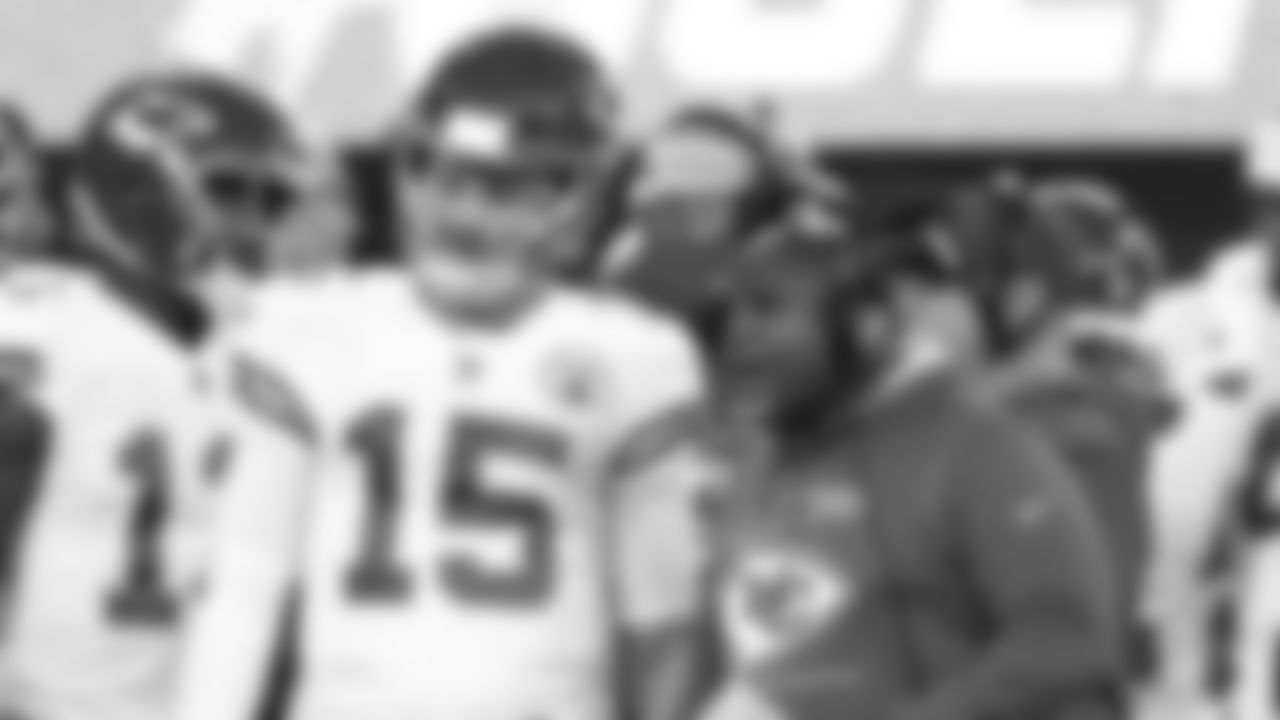 Kansas City Chiefs quarterback Patrick Mahomes (15) and Offensive Coordinator Eric Bieniemy during an NFL football game against the Los Angeles Chargers on Thursday, December 16, 2021 in Los Angeles.