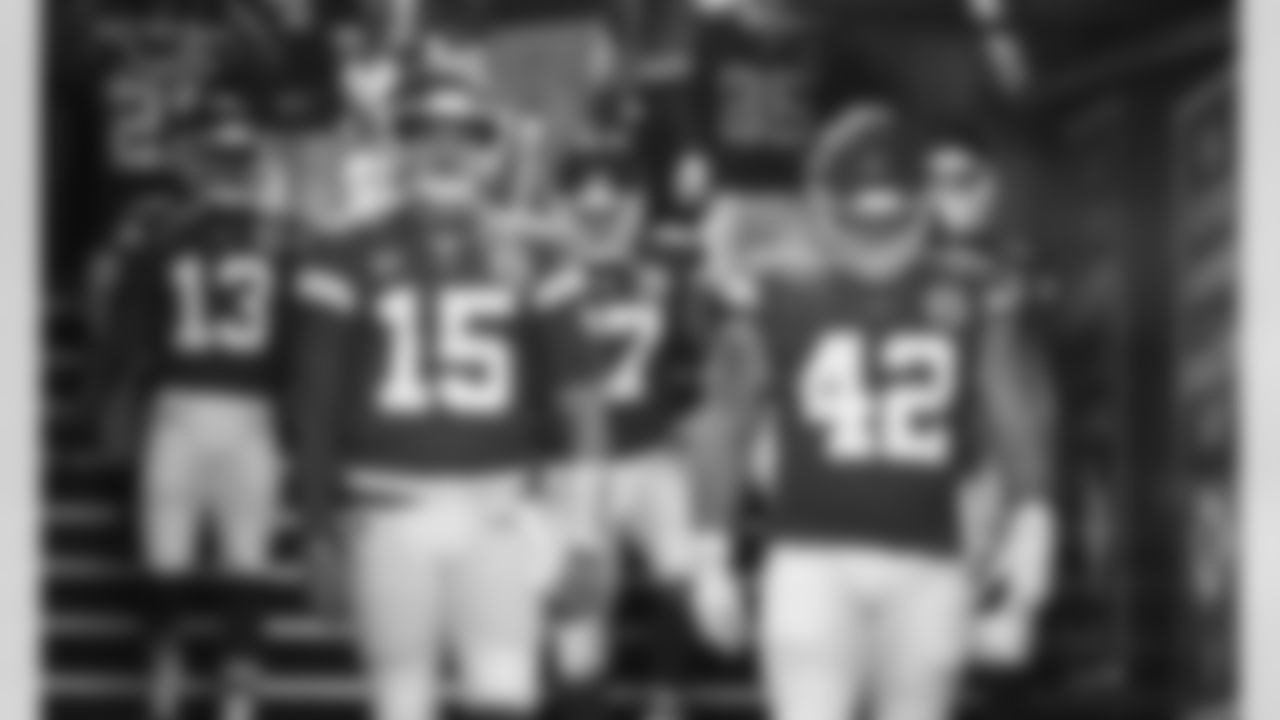 Kansas City Chiefs Quarterback Patrick Mahomes (15) and Fullback Anthony Sherman (42) lead the team down the tunnel prior to an NFL AFC Championship Playoff game against the Buffalo Bills, Sunday, January 24, 2021 in Kansas City.