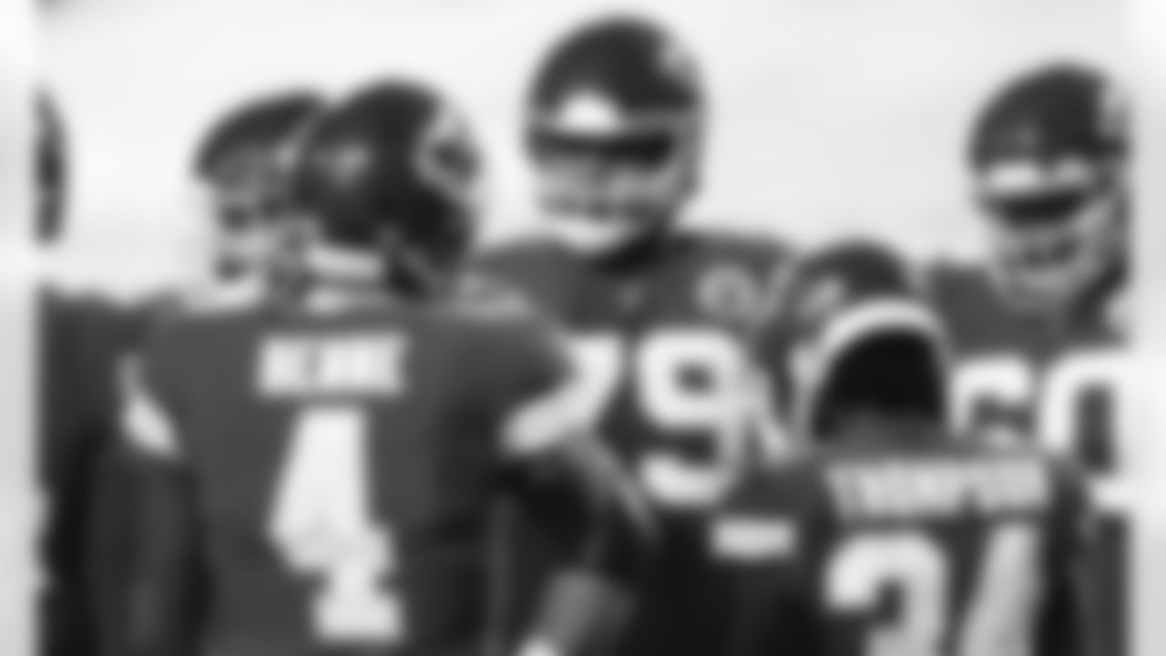 Kansas City Chiefs Offensive Lineman Yasir Durant (79) in an offensive huddle during an NFL Football game against the Los Angeles Chargers, Sunday January 3, 2021 in Kansas City.