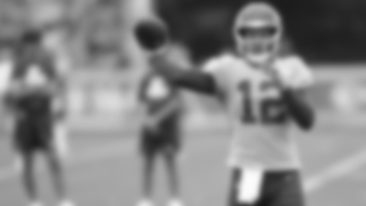 Kansas City Chiefs quarterback Shane Buechele (12) throws a pass at Kansas City Chiefs Training Camp in St. Joseph, MO on Monday, August 7, 2023.