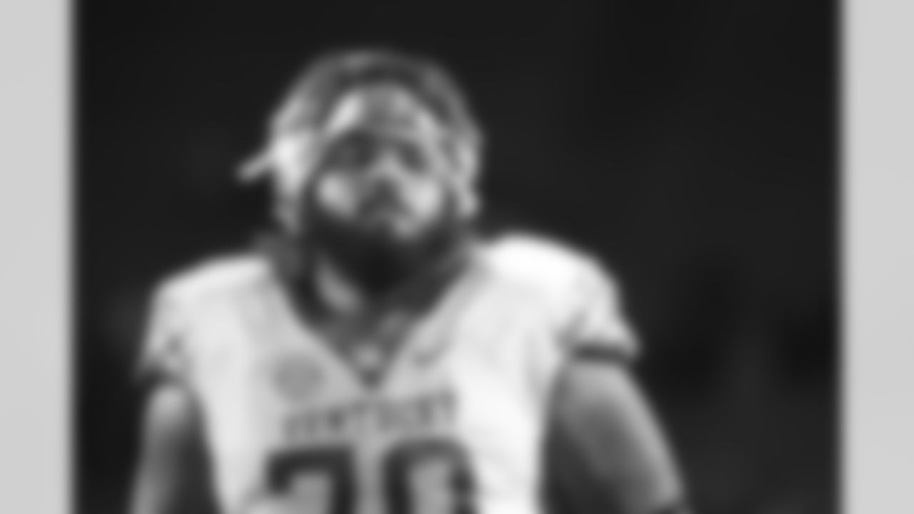 Kentucky offensive tackle Darian Kinnard (70) is shown during warm ups before an NCAA college football game against Vanderbilt on Saturday, Nov.13, 2021, in Nashville, Tenn. (AP Photo/John Amis)