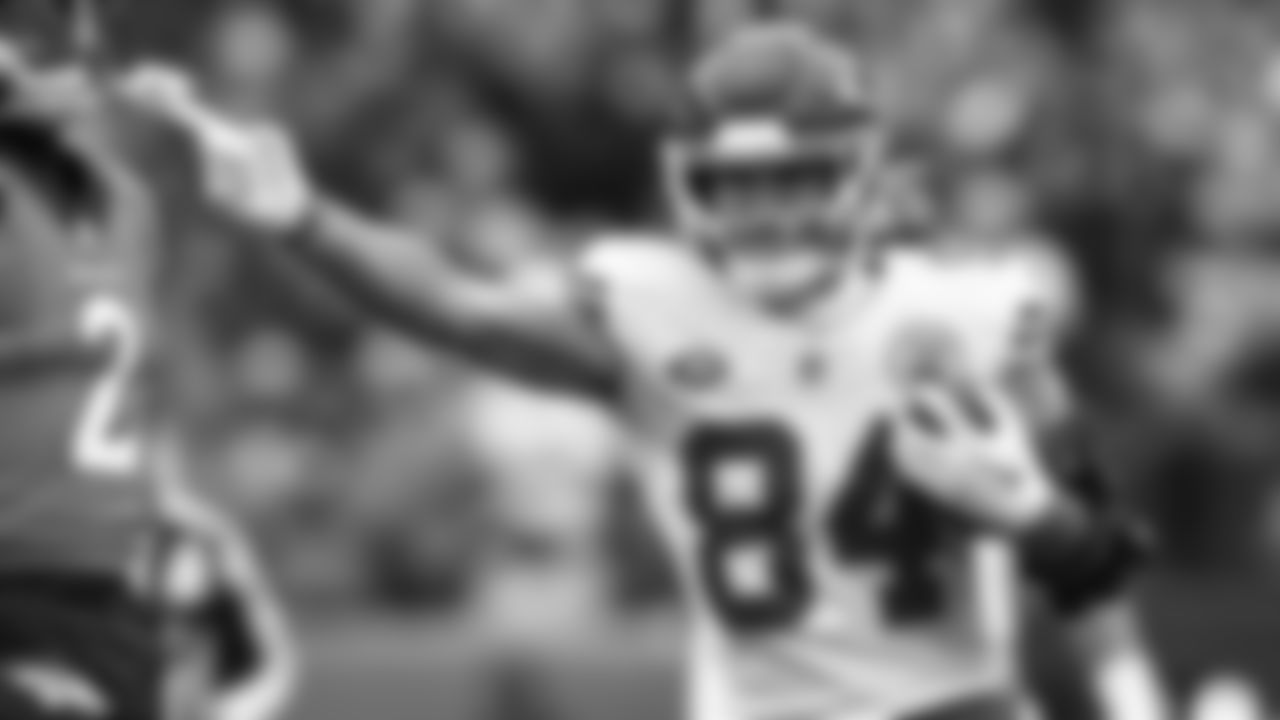 Kansas City Chiefs wide receiver Justin Watson (84) signals for the first down during the NFL Week 8 matchup against the Denver Broncos at Empower Field at Mile High in Denver, Colorado on October 29, 2023.