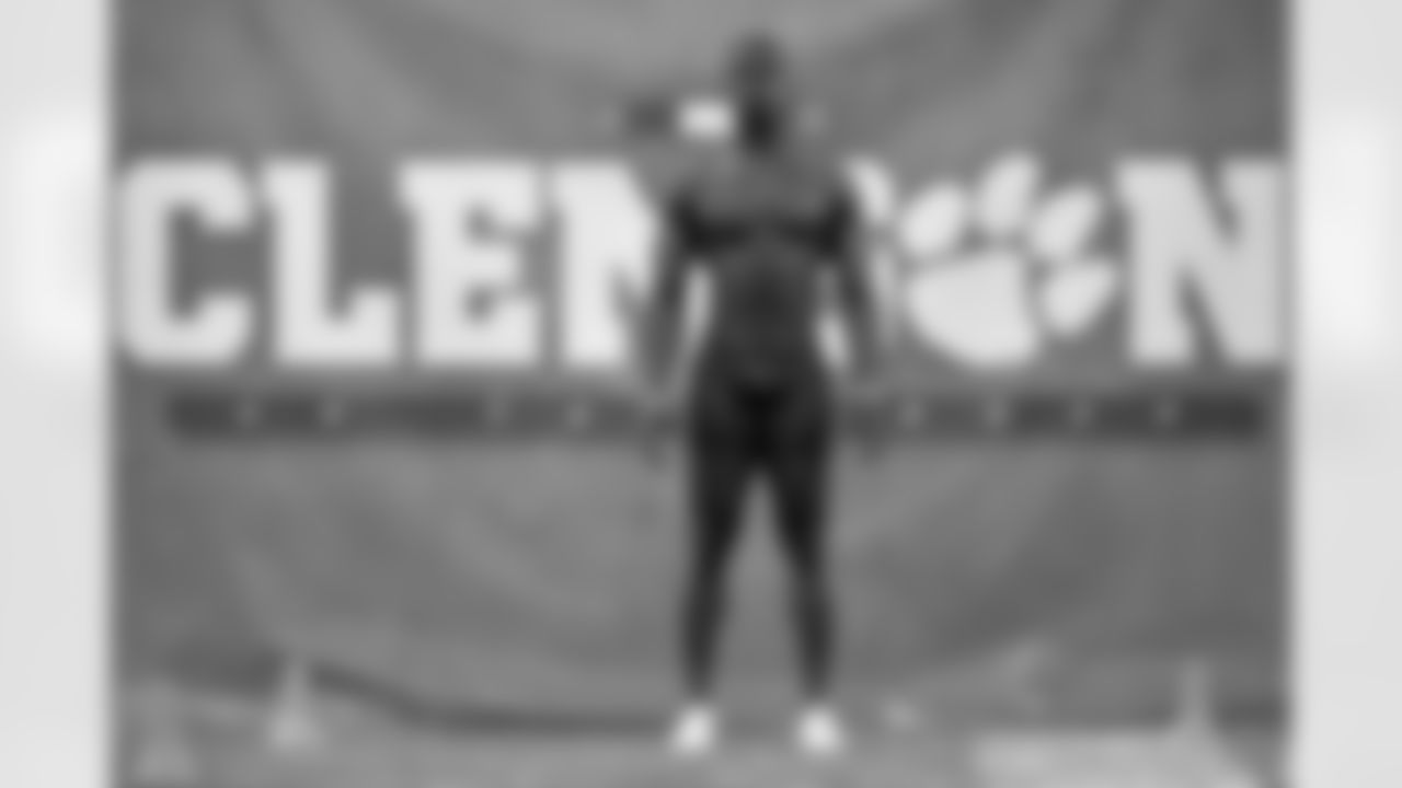 Clemson Tigers wide receiver Cornell Powell (17) runs the 40-yard dash during the pro day event, Thursday, March 11, 2021 in Clemson, S.C. (Alika Jenner via AP)