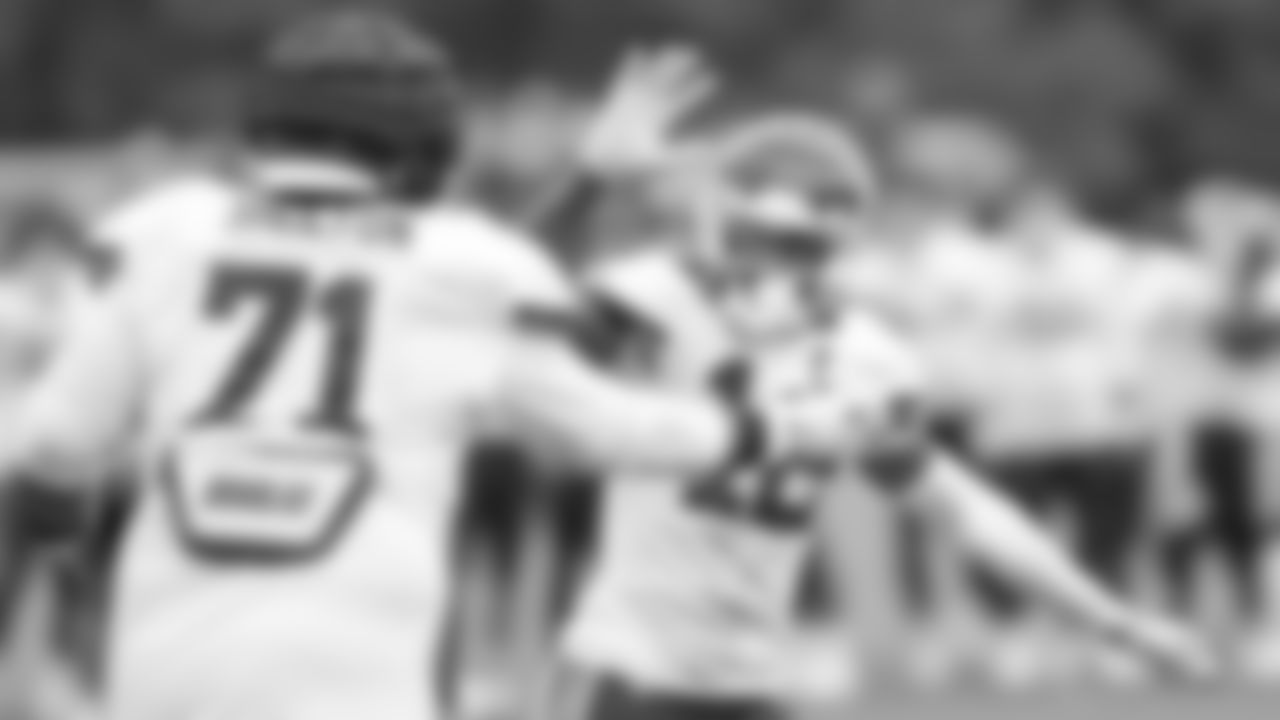 Kansas City Chiefs cornerback Kahlef Hailassie (12) high fives nose tackle Danny Shelton (71) at Kansas City Chiefs Training Camp in St. Joseph, MO on Monday, August 7, 2023.