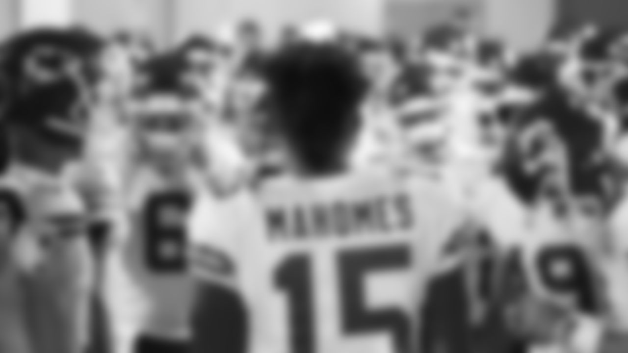 Kansas City Chiefs quarterback Patrick Mahomes (15) in the huddle prior to a NFL preseason football game against the Arizona Cardinals, Friday, August 20, 2021 in Glendale.