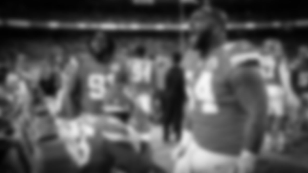 Kansas City Chiefs Defensive Tackle Mike Pennel (64) celebrates near the end of an NFL football game against the New England Patriots, Monday, Oct. 5, 2020 in Kansas City.