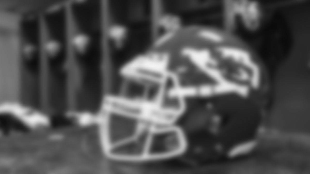 A Chiefs helmet inside the locker room prior to an NFL preseason football game against the Arizona Cardinals, Friday, August 20, 2021 in Glendale.