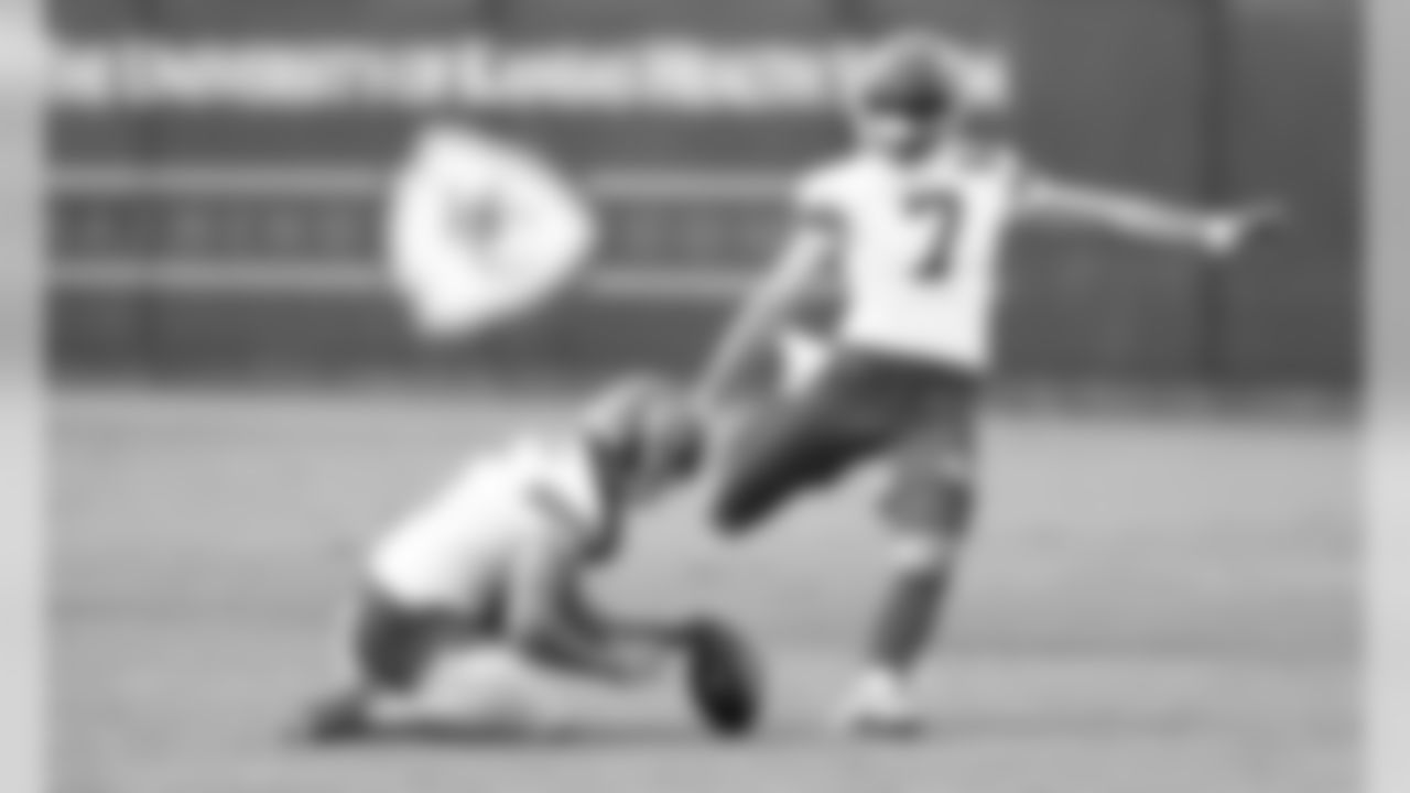 Kansas City Chiefs Kicker Harrison Butker (7) and Kansas City Chiefs Punter Tommy Townsend (5) during practice on Saturday at The University Of Kansas Training Facility on August 11, 2020.