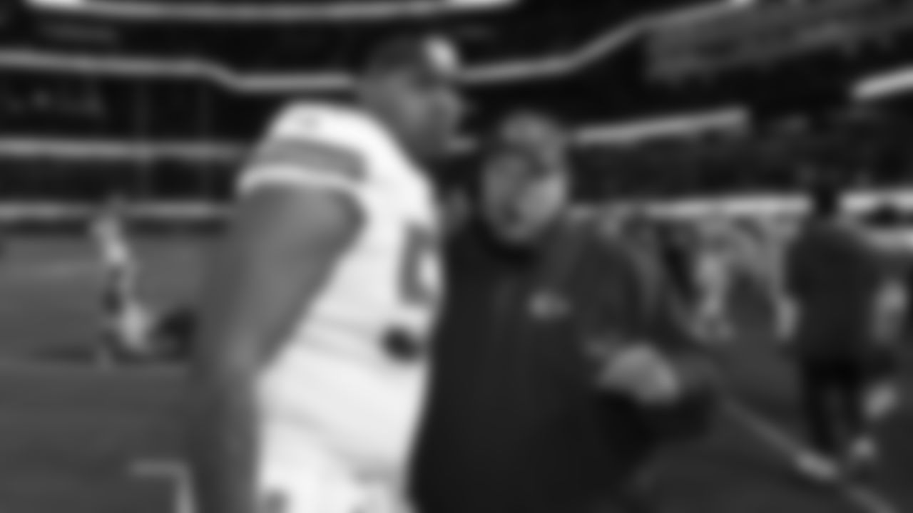 Kansas City Chiefs offensive tackle Orlando Brown (57) and Kansas City Chiefs Head Coach Andy Reid before the start of an NFL football game against the Los Angeles Chargers, Thursday, December 16, 2021 in Los Angeles.