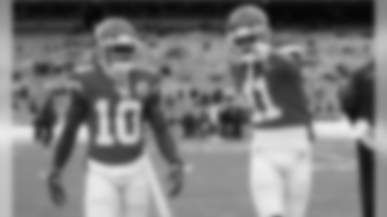Kansas City Chiefs Wide Receiver Tyreek Hill (10) and Kansas City Chiefs Wide Receiver Demarcus Robinson (11) prior to the game between the Kansas City Chiefs and the Los Angeles Chargers at Arrowhead Stadium.
