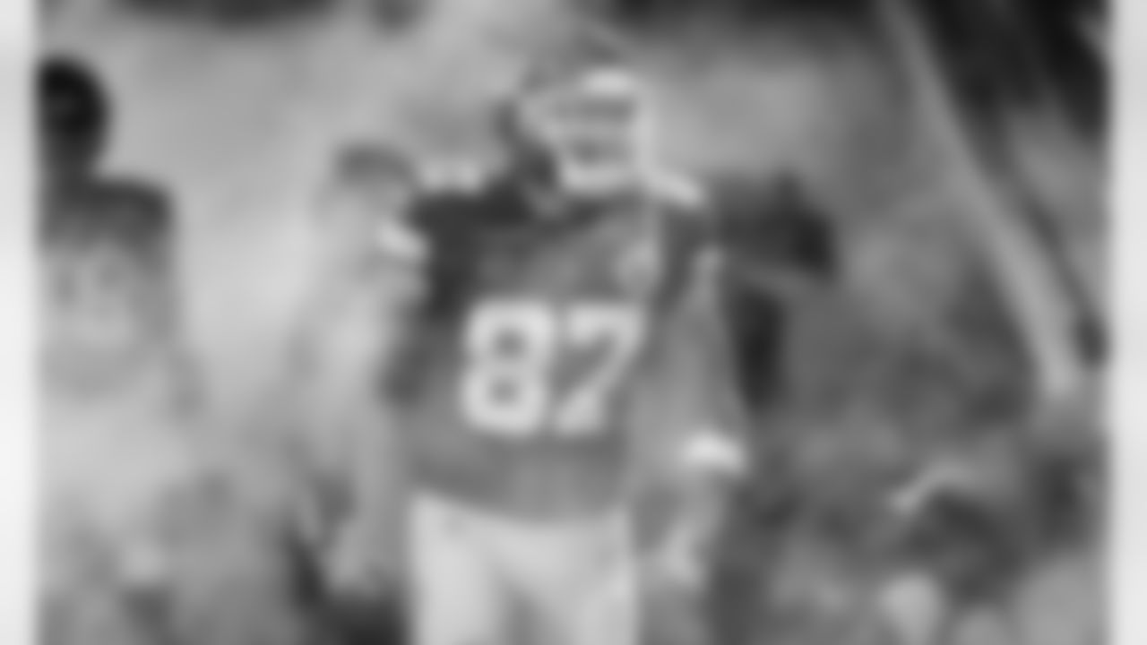 Kansas City Chiefs Tight End Travis Kelce (87) takes the field during run outs prior to an NFL AFC Championship Playoff game against the Buffalo Bills, Sunday, January 24, 2021 in Kansas City.