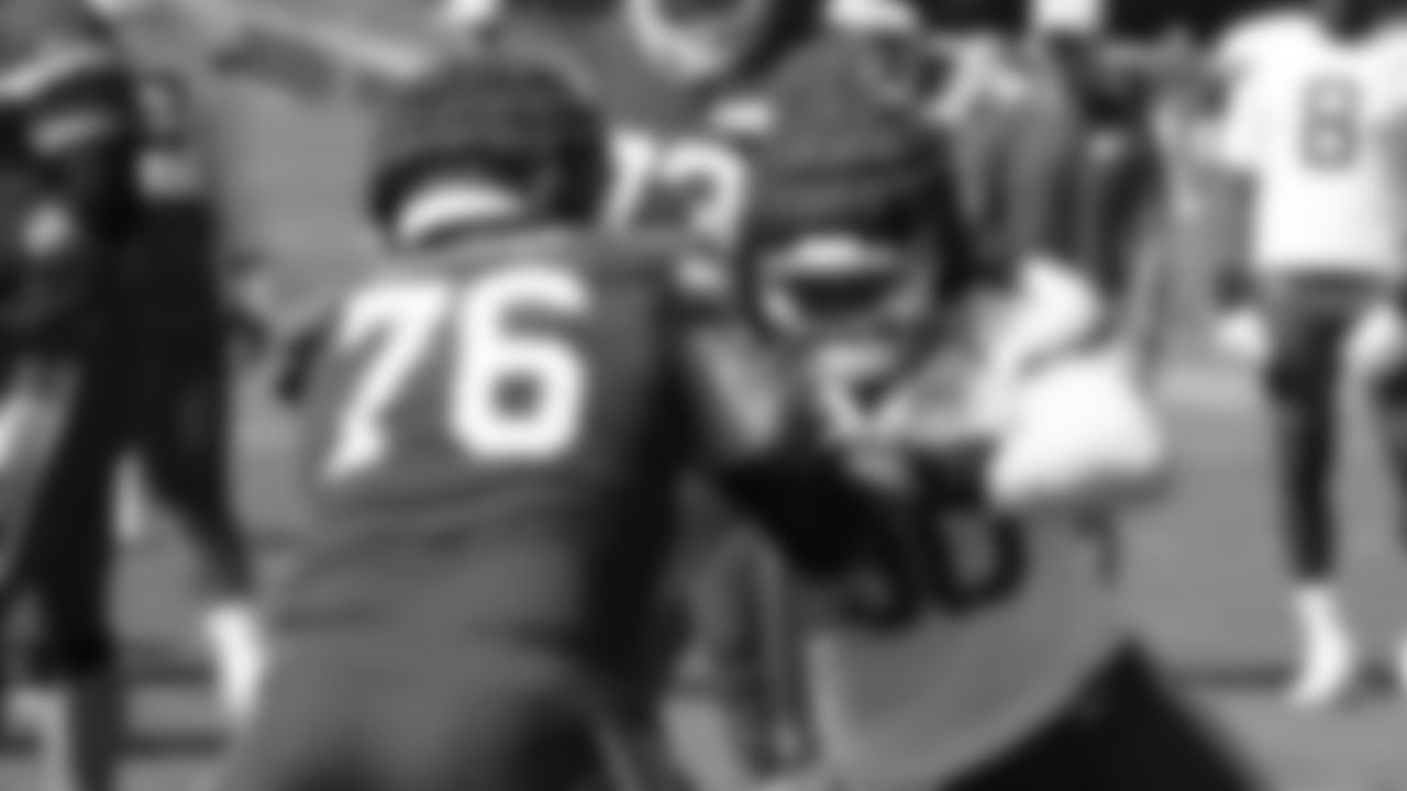 Kansas City Chiefs defensive tackle Taylor Stallworth (90) battles with offensive guard Vitaliy Gurman (76) during training camp at Missouri Western State University.