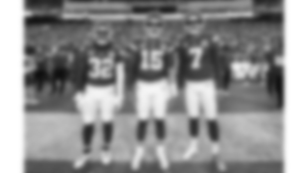 Kansas City Chiefs linebacker Nick Bolton (32), quarterback Patrick Mahomes (15), and kicker Harrison Butker (7) prior to the Week 1 NFL Football Game against the Detroit Lions on Thursday, September 7, 2023 at GEHA Field at Arrowhead Stadium.
