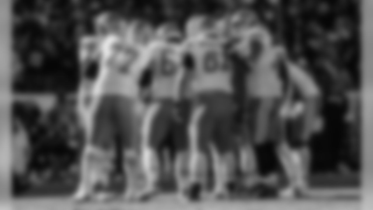 The Kansas City Chiefs offensive line during the football game between the Kansas City Chiefs and the Tennessee Titans at Nissan Stadium on November 10, 2019.