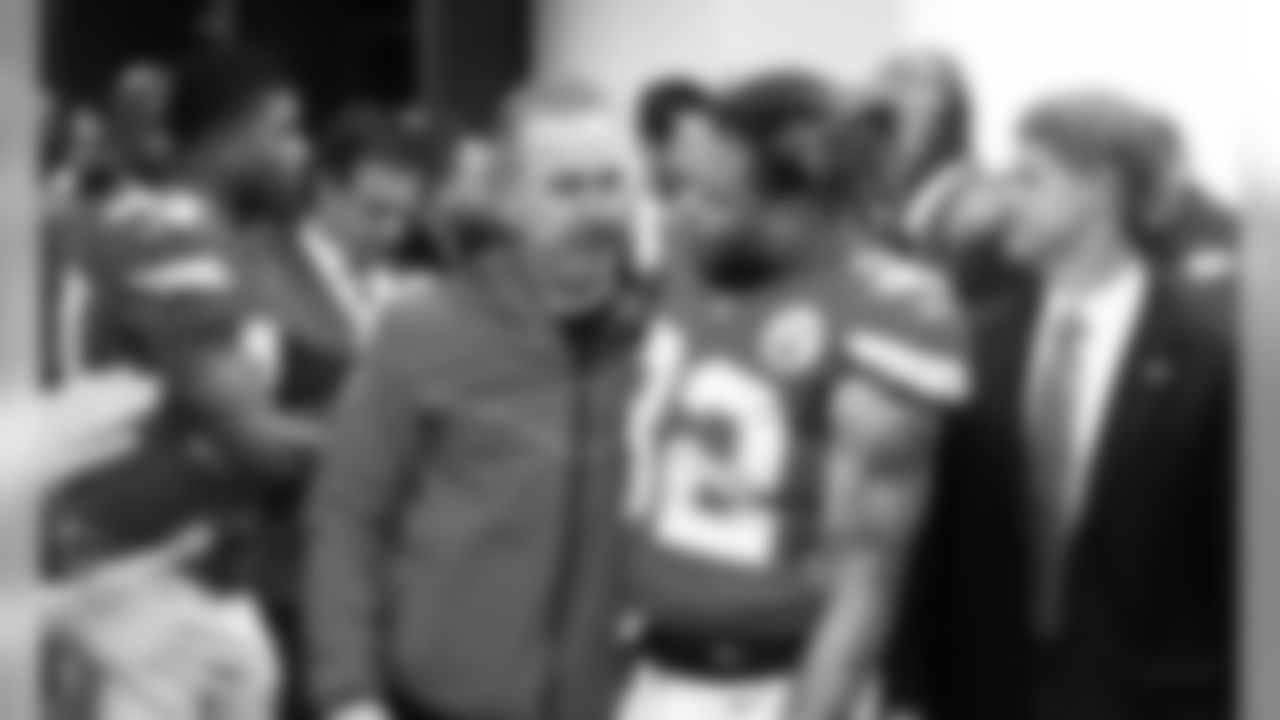 Kansas City Chiefs Defensive Coordinator Steve Spagnuolo Kansas City Chiefs Safety Tyrann Mathieu (32) and Kansas City Chiefs Chairman and CEO Clark Hunt after the game between the Kansas City Chiefs and the Los Angeles Chargers at Arrowhead Stadium.