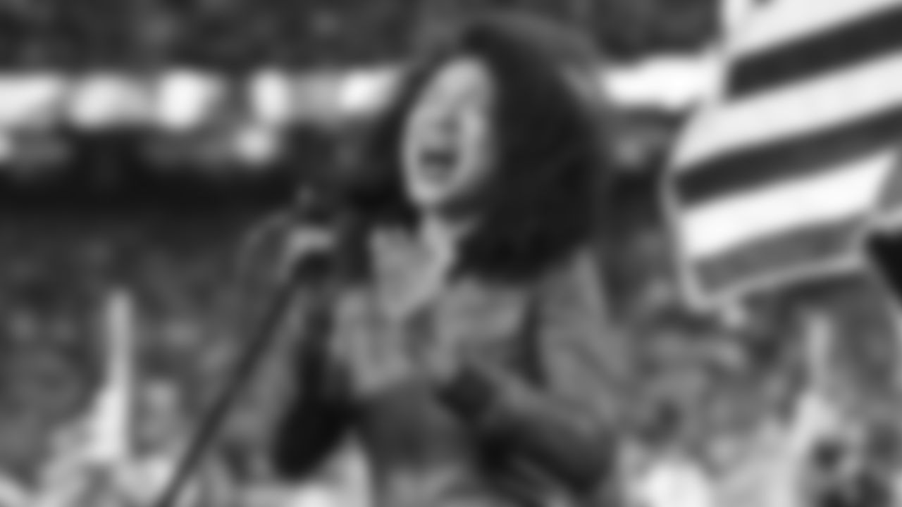 Grammy award winning singer-songwriter Judith Hill singing the National Anthem prior to the divisional playoff football game against the Buffalo Bills, Sunday, January 23, 2022 in Kansas City.