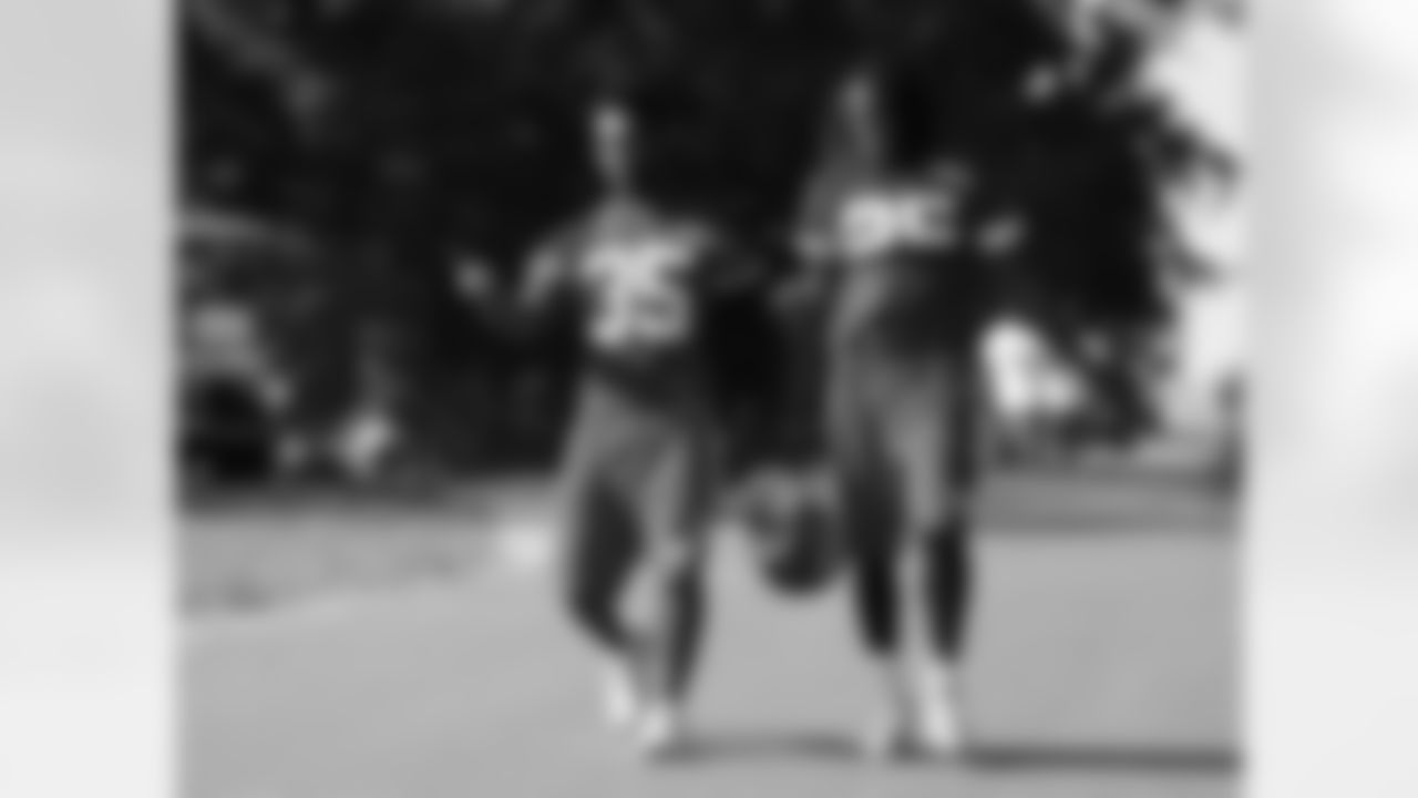 Kansas City Chiefs running backs Charcandrick West (35) and Jamaal Charles (25) walk out to practice on the fourteenth day of training camp on Mosaic Life Care Field at the campus of Missouri Western State University on Wednesday, August 17, 2016.