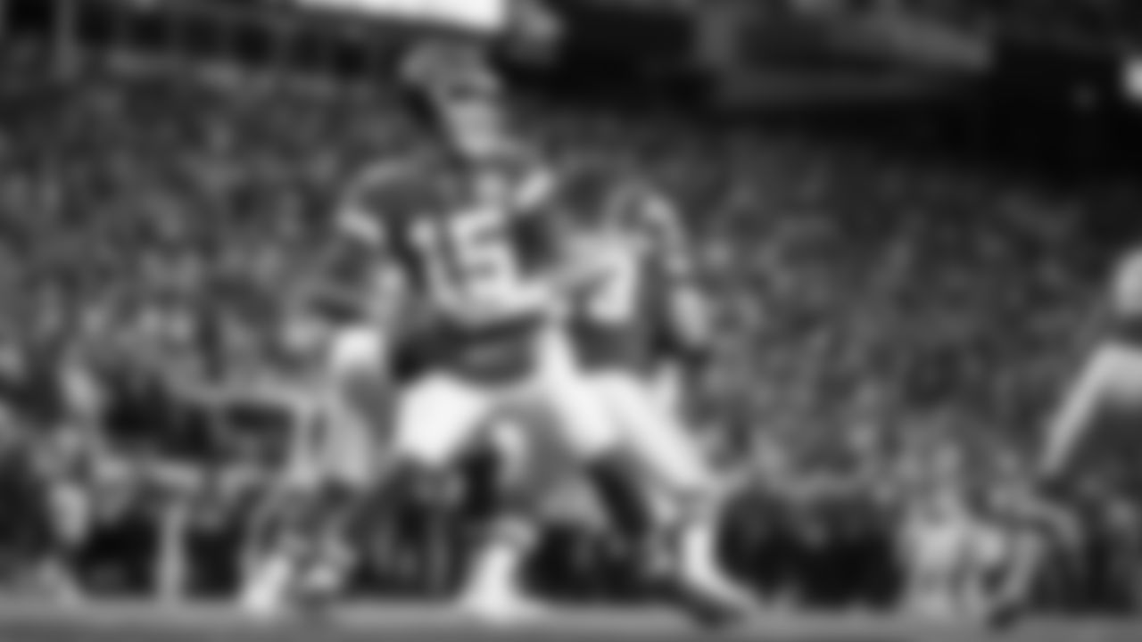 Kansas City Chiefs quarterback Patrick Mahomes (15) passes from the end zone during an NFL Football game against the Los Angeles Rams, Sunday Nov 27, 2022 in Kansas City MO.