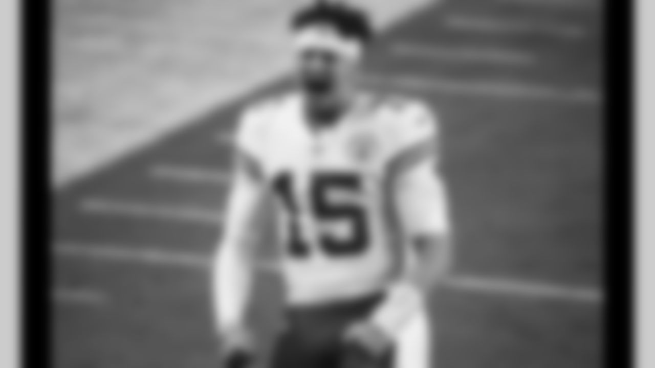 Kansas City Chiefs quarterback Patrick Mahomes (15) prior to an NFL football game against the Las Vegas Raiders at Allegiant Stadium on November 22, 2020