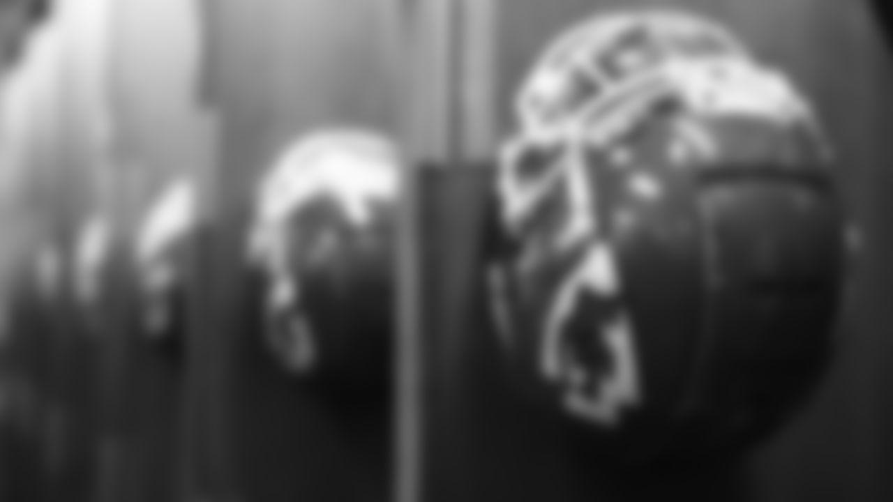 Kansas City Chiefs helmets in the locker room prior to an NFL football game against the Tennessee Titans, Sunday, October 24, 2021 in Nashville.
