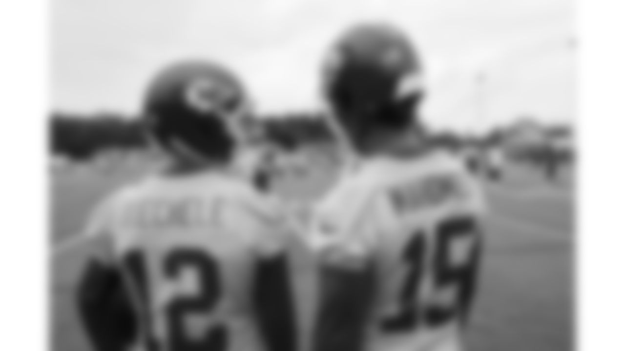 Kansas City Chiefs quarterback Shane Buechele (12) and quarterback Patrick Mahomes (15) at Kansas City Chiefs Training Camp in St Joseph, MO on Monday July 31, 2023