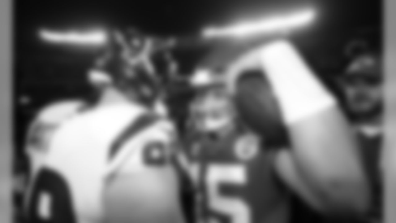 Kansas City Chiefs Quarterback Patrick Mahomes (15) and JJ Watt after the game between The Kansas City Chiefs and The Houston Texans in the Divisional Playoff game at Arrowhead Stadium on January 12, 2019.