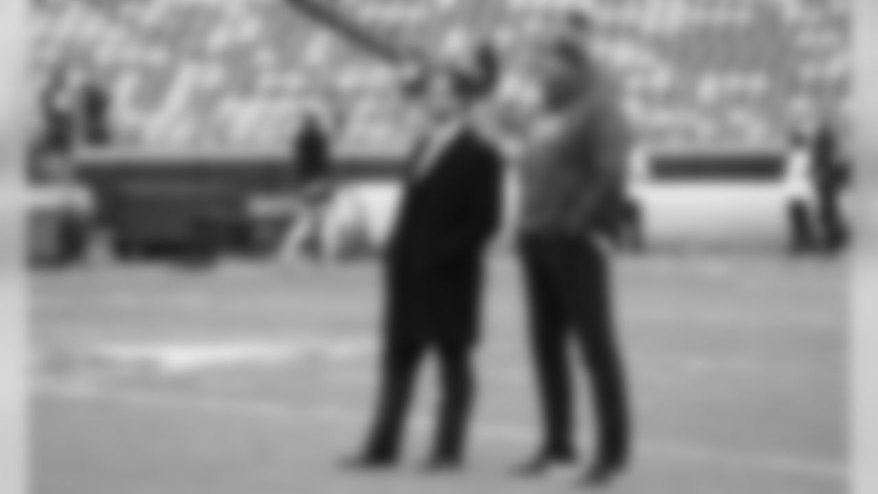 Kansas City Chiefs General Manager Brett Veach and Assistant Head Coach and Special Teams Coordinator Dave Toub prior to the game between the Kansas City Chiefs and Oakland Raiders at Arrowhead Stadium on December 1, 2019.