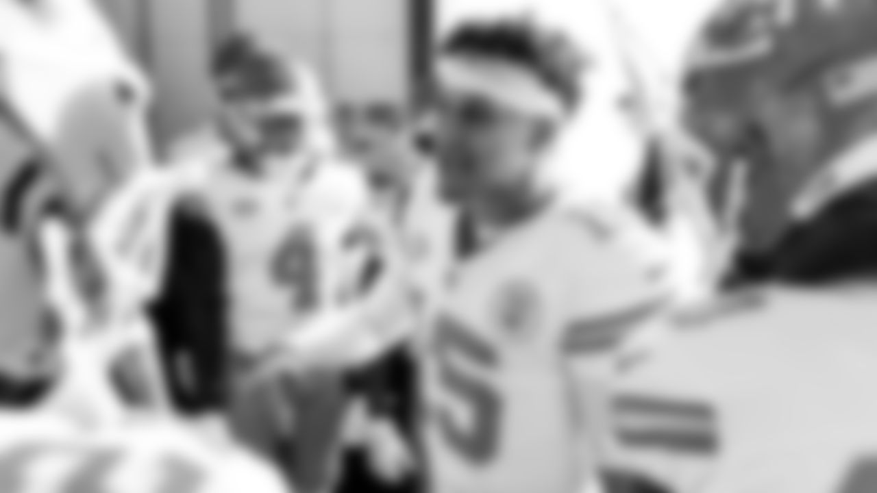 Kansas City Chiefs quarterback Patrick Mahomes (15) in a huddle prior to the regular season Week 2 NFL Football Game on Sunday, September 17, 2023 at EverBank Stadium in Jacksonville, FL.