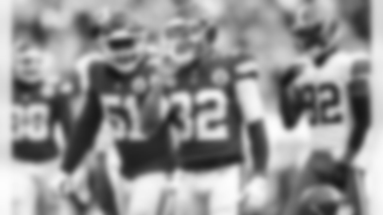 Kansas City Chiefs Safety Tyrann Mathieu (32) brings his finger up to hush the Browns during an NFL Divisional Round Playoff game, Sunday, Jan. 17, 2021 in Kansas City.