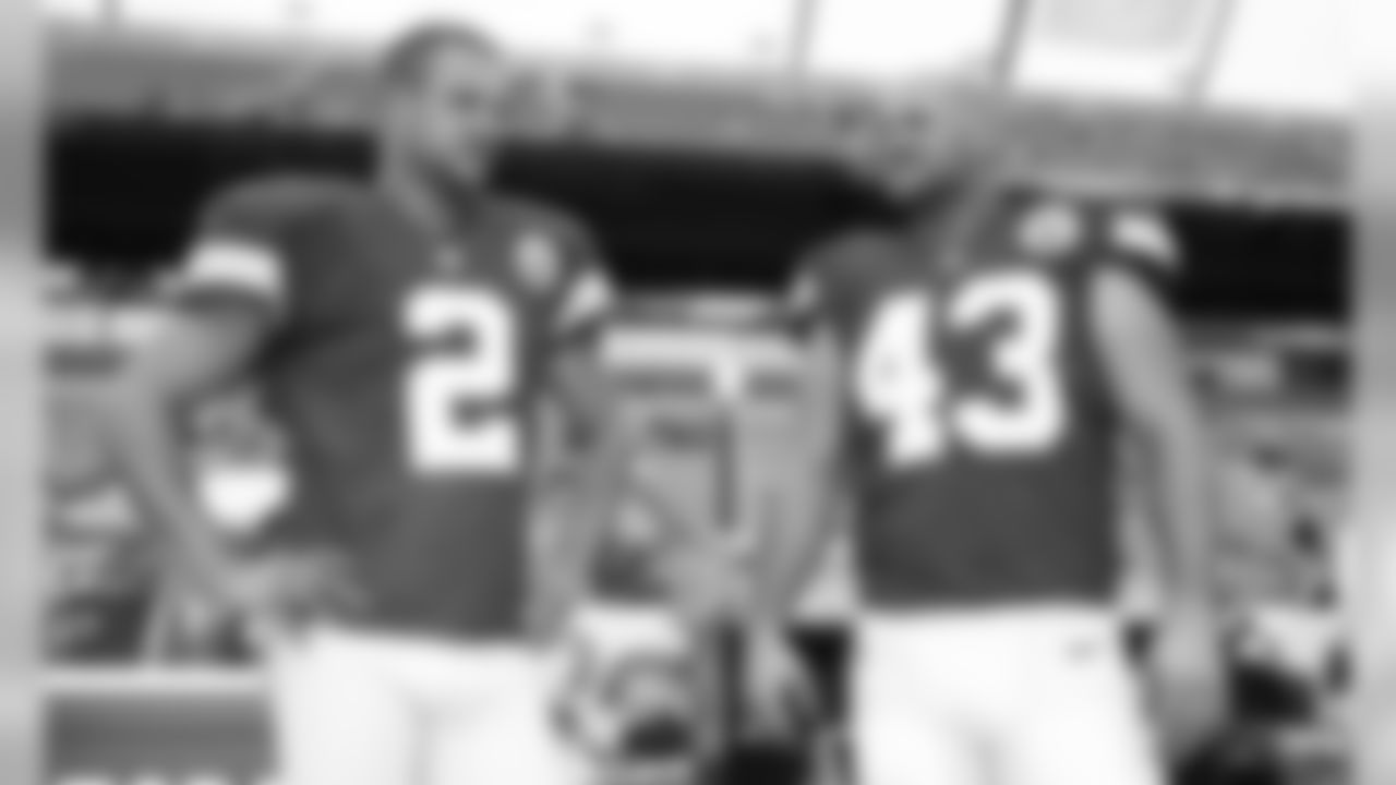 Kansas City Chiefs punter Dustin Colquitt (2) stands next to long snapper Thomas Gafford (43) before the Sept. 21, 2014 away game against the Miami Dolphins. The Chiefs won 34-15.