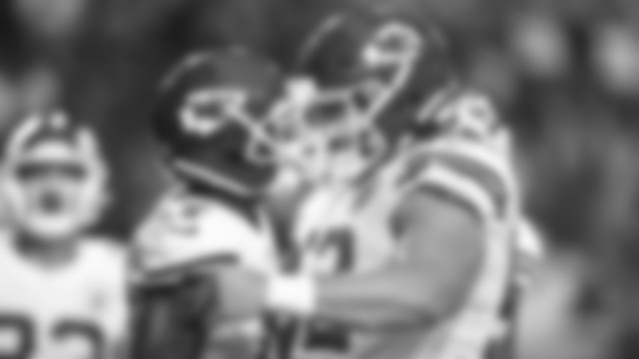 Kansas City Chiefs center Creed Humphrey (52) celebrates during preseason game two against the Arizona Cardinals, Friday, Aug. 20th, 2021.