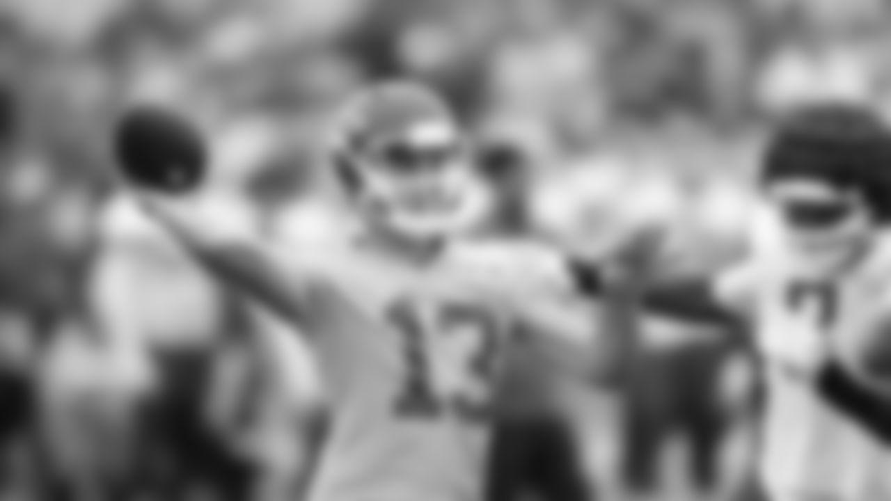 Kansas City Chiefs quarterback Dustin Crum (13) passes the football during training camp at Missouri Western State University.