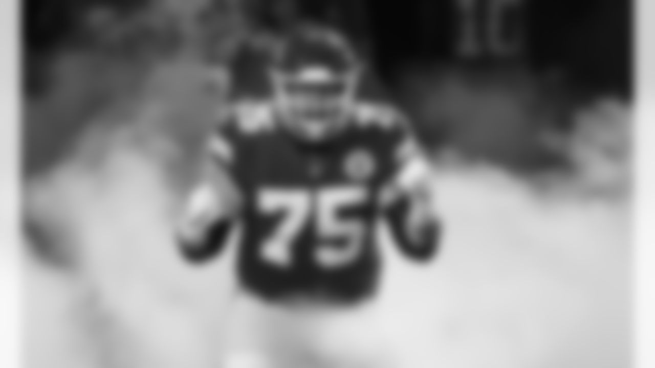 Kansas City Chiefs Offensive Lineman Mike Remmers (75) takes the field during run outs prior to an NFL AFC Championship Playoff game against the Buffalo Bills, Sunday, January 24, 2021 in Kansas City.
