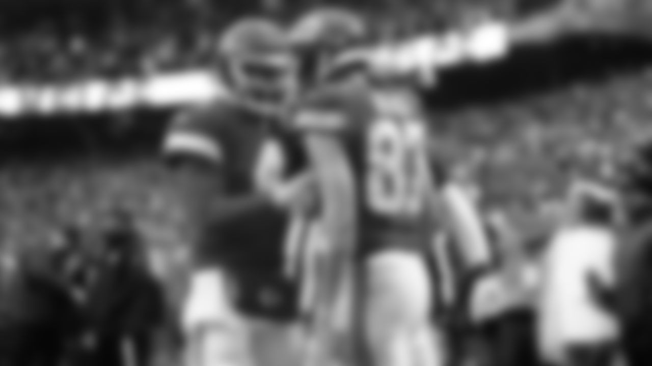 Kansas City Chiefs quarterback Chad Henne (4) celebrates after throwing a touchdown during an NFL football game against the Jacksonville Jaguars, Saturday January 21, 2023 in Kansas City.
