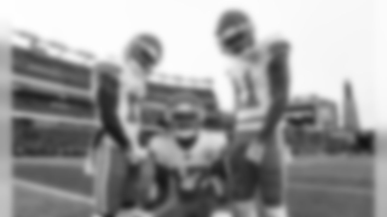 Kansas City Chiefs Wide Receivers Demarcus Robinson (11) and Tyreek Hill (10) and Mecole Hardman (17) prior to the game between the Kansas City Chiefs and the New England Patriots on December 8, 2019.