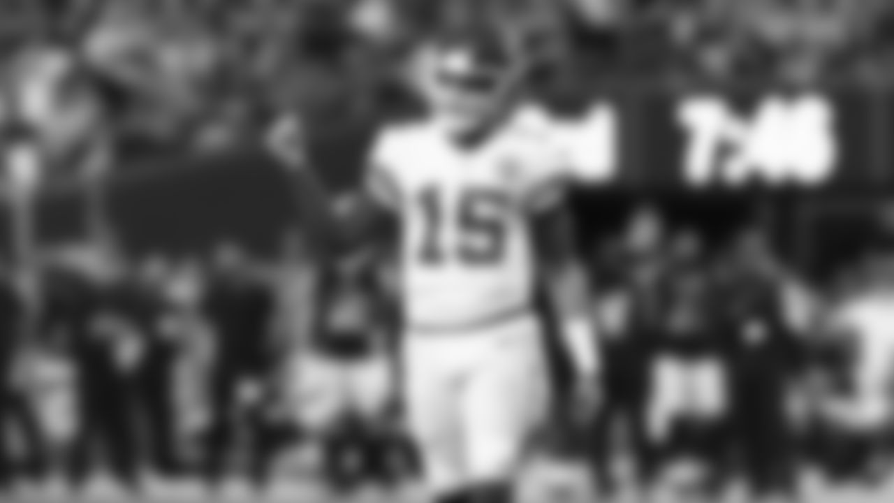 Kansas City Chiefs quarterback Patrick Mahomes (15) during an NFL football game against the Las Vegas Raiders at Allegiant Stadium in Las Vegas on November 14, 2021.