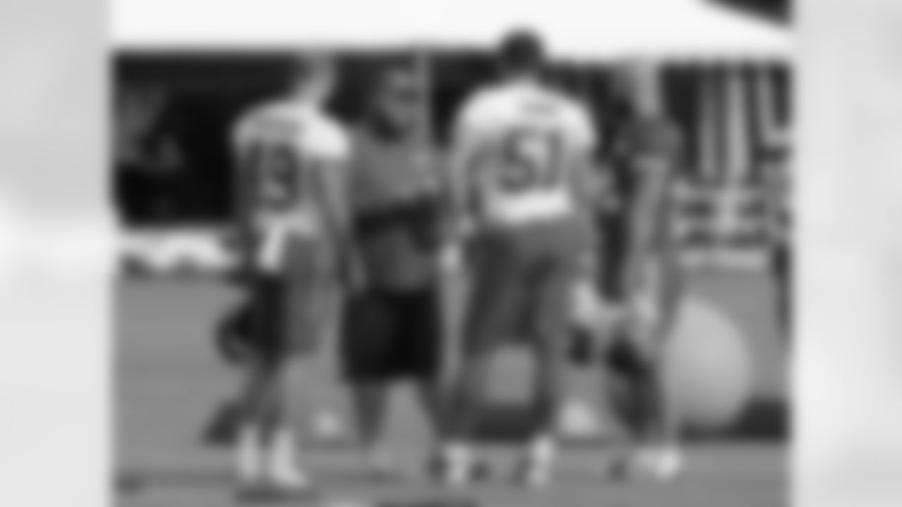 Kansas City Chiefs Mark DeLeone talks with defensive back Daniel Sorensen (49) and defensive lineman Frank Zombo (51) at practice on the ninth day of training camp on Mosaic Life Care Field at the campus of Missouri Western State University on Monday, August 8, 2016.