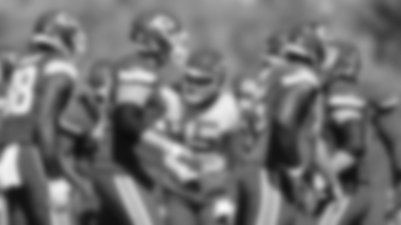 Kansas City Chiefs quarterback Patrick Mahomes (15) in an offensive huddle during practice on Wednesday September 28, 2022.
