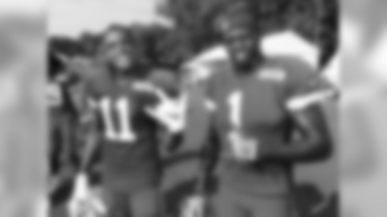 Kansas City Chiefs wide receiver Demarcus Robinson (11) and Kansas City Chiefs wide receiver Byron Pringle (1) during practice 8/13/18 at Chiefs Training Camp at Missouri Western State University in St Joseph, Missouri