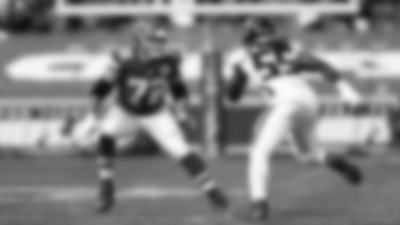 Kansas City Chiefs Offensive Tackle Eric Fisher (72) pass blocking during an NFL Football game against the Atlanta Falcons, Sunday December 27, 2020 in Kansas City.