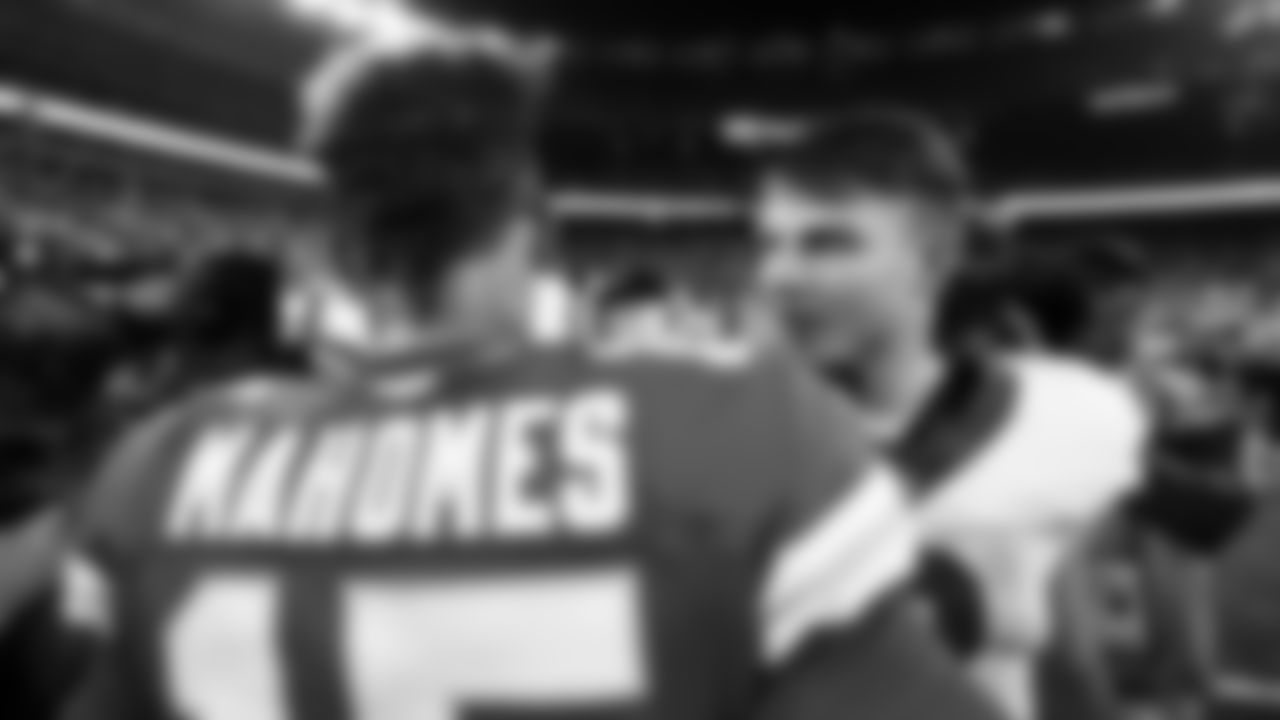 Kansas City Chiefs quarterback Patrick Mahomes (15) & New York Jets quarterback Zach Wilson (2) following the regular season Week 4 NFL Football Game on Sunday, October 1, 2023 at MetLife Stadium in East Rutherford, NJ.