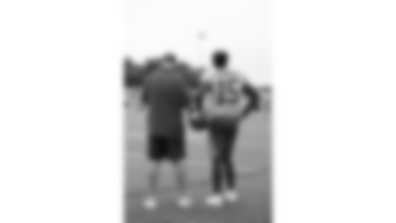 Kansas City Chiefs quarterback Patrick Mahomes (15) on the sidelines at Kansas City Chiefs Training Camp in St. Joseph, MO on Thursday, August 3, 2023.