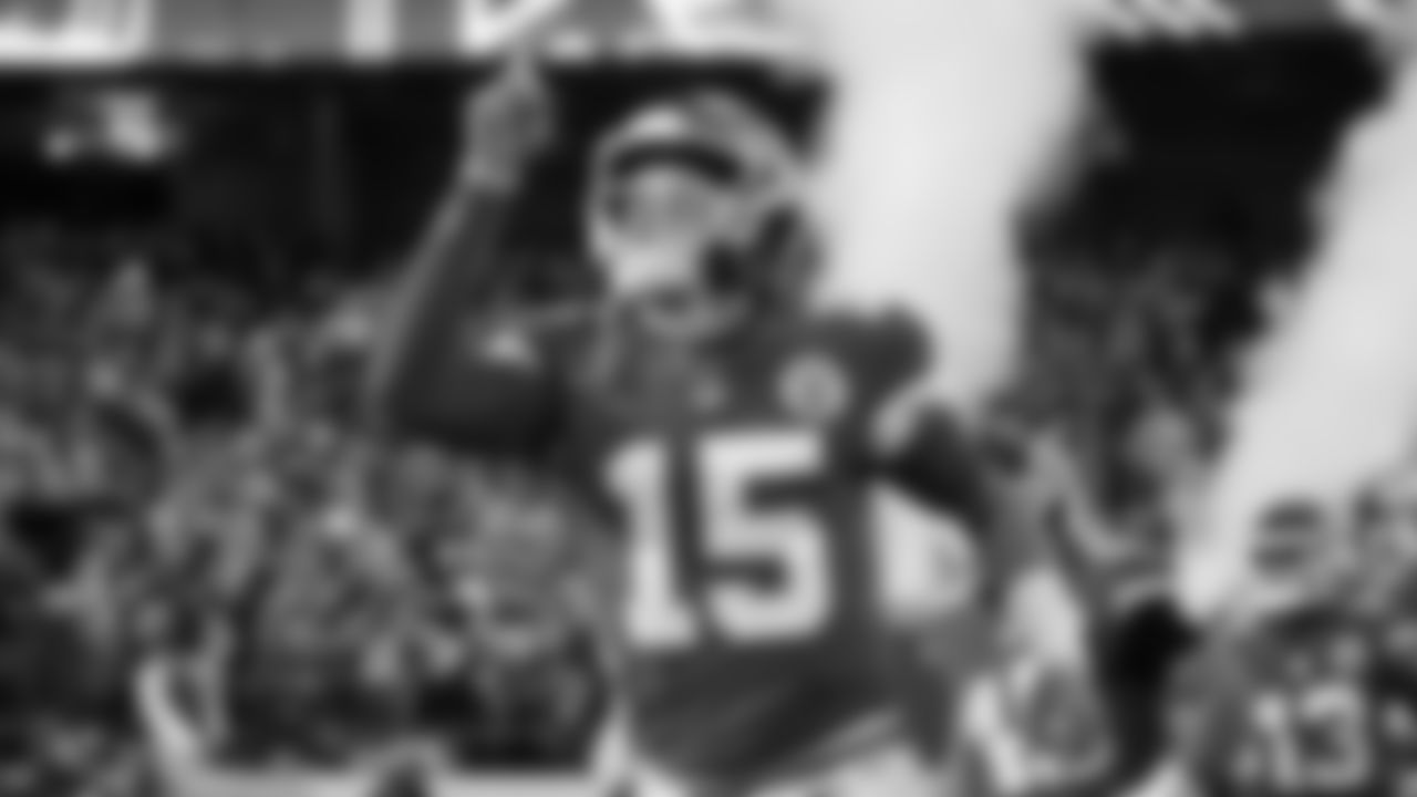 Kansas City Chiefs quarterback Patrick Mahomes (15) taking the field prior to an NFL football game against the New York Giants, Monday, November 1, 2021 in Kansas City.