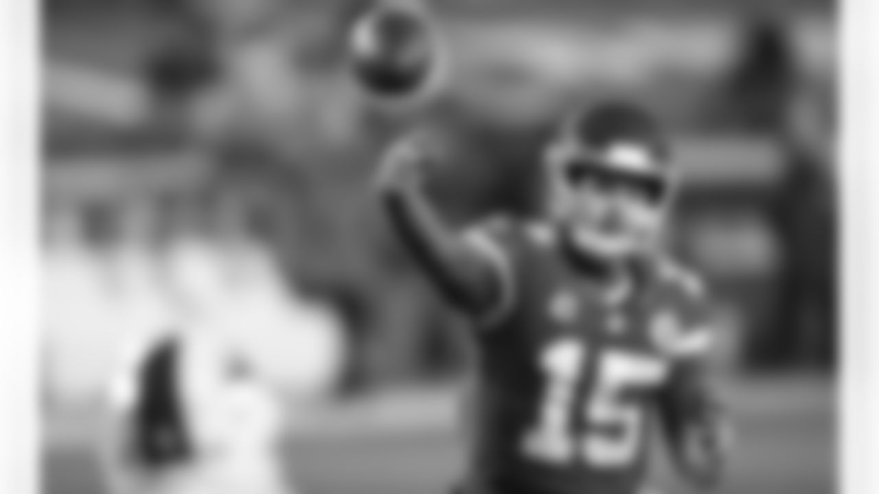Kansas City Chiefs Quarterback Patrick Mahomes (15) makes a pass during an NFL AFC Championship Playoff game against the Buffalo Bills, Sunday, January 24, 2021 in Kansas City.