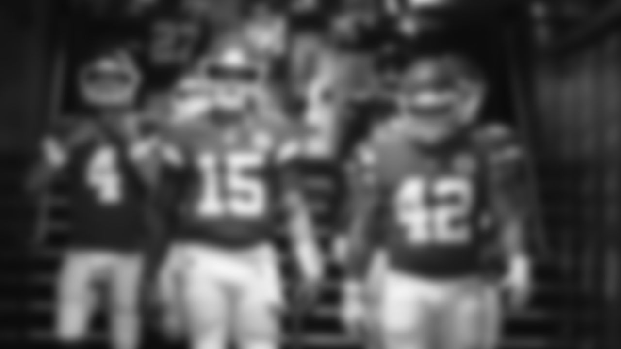 Kansas City Chiefs Quarterback Patrick Mahomes (15) and Kansas City Chiefs Fullback Anthony Sherman (42) walking in the tunnel prior to an NFL football game against the New England Patriots, Monday, Oct. 5, 2020 in Kansas City.