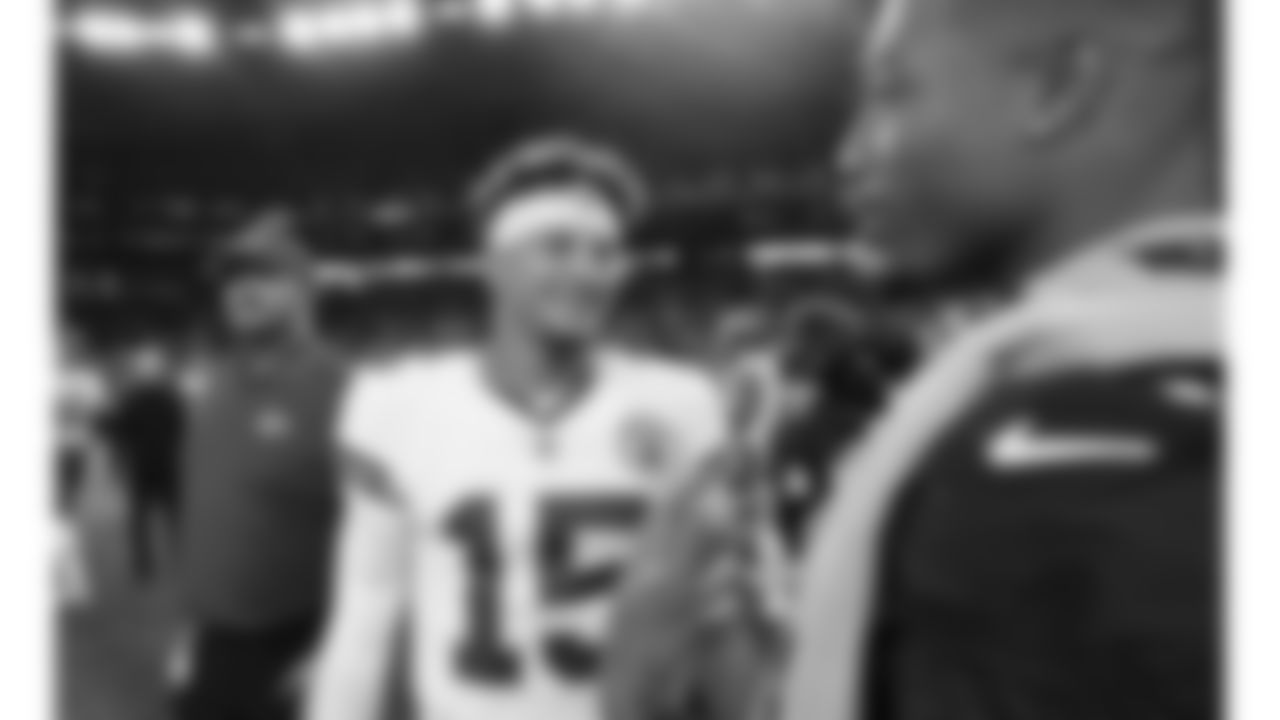 Kansas City Chiefs quarterback Patrick Mahomes (15) during post game of the Chiefs preseason Week 2 matchup against the Arizona Cardinals on Saturday, August 19, 2023.